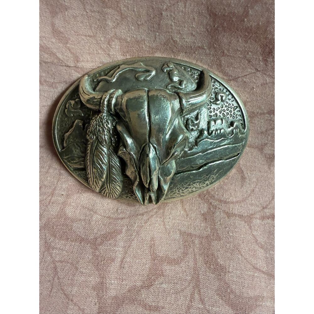 Buffalo Skull Steel Vtg Belt Buckle Cowboy Native Southwestern Oval Belt Buckle